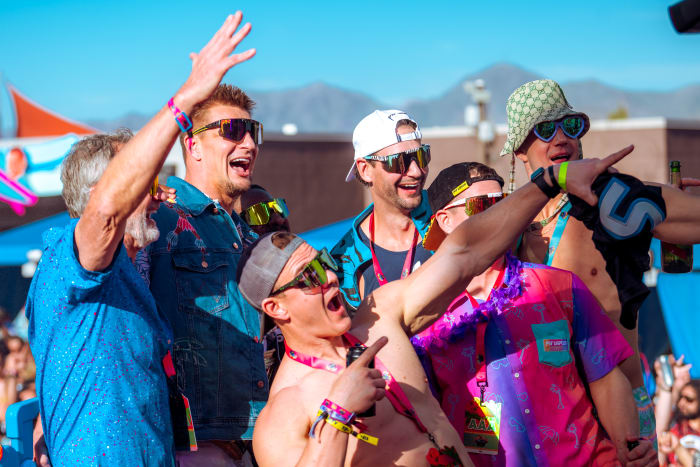 Tampa Bay Buccaneers legend Rob Gronkowski (second from left) is once again hosting his 'Gronk Beach' party in Las Vegas ahead of Super Bowl LVIII.